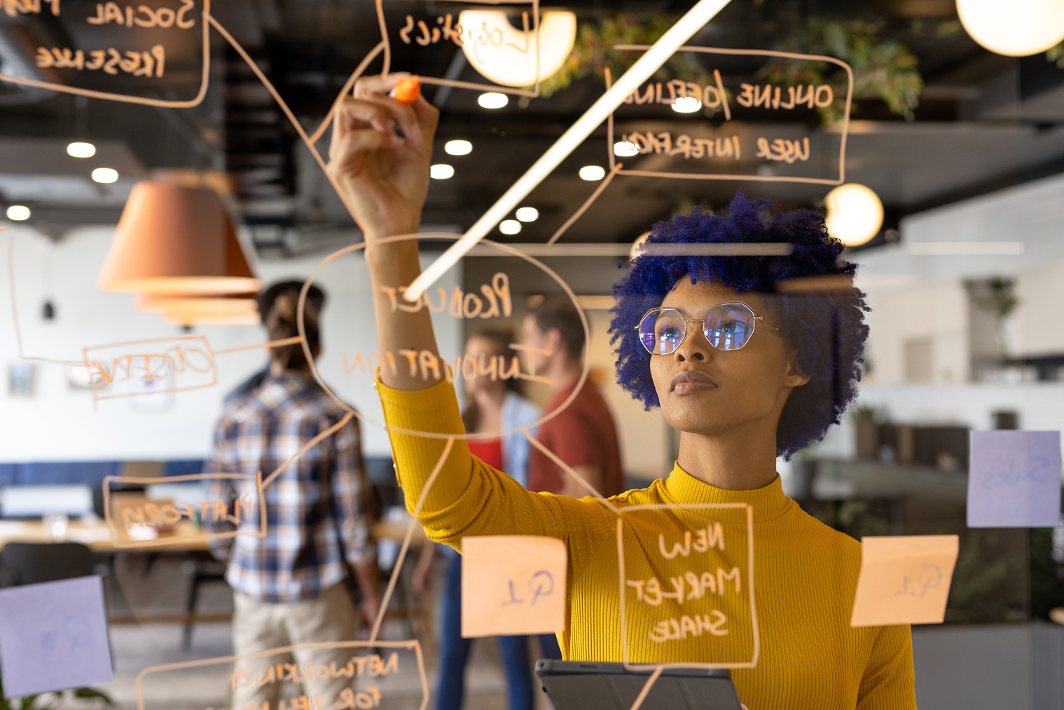 Woman writing ideas on a board