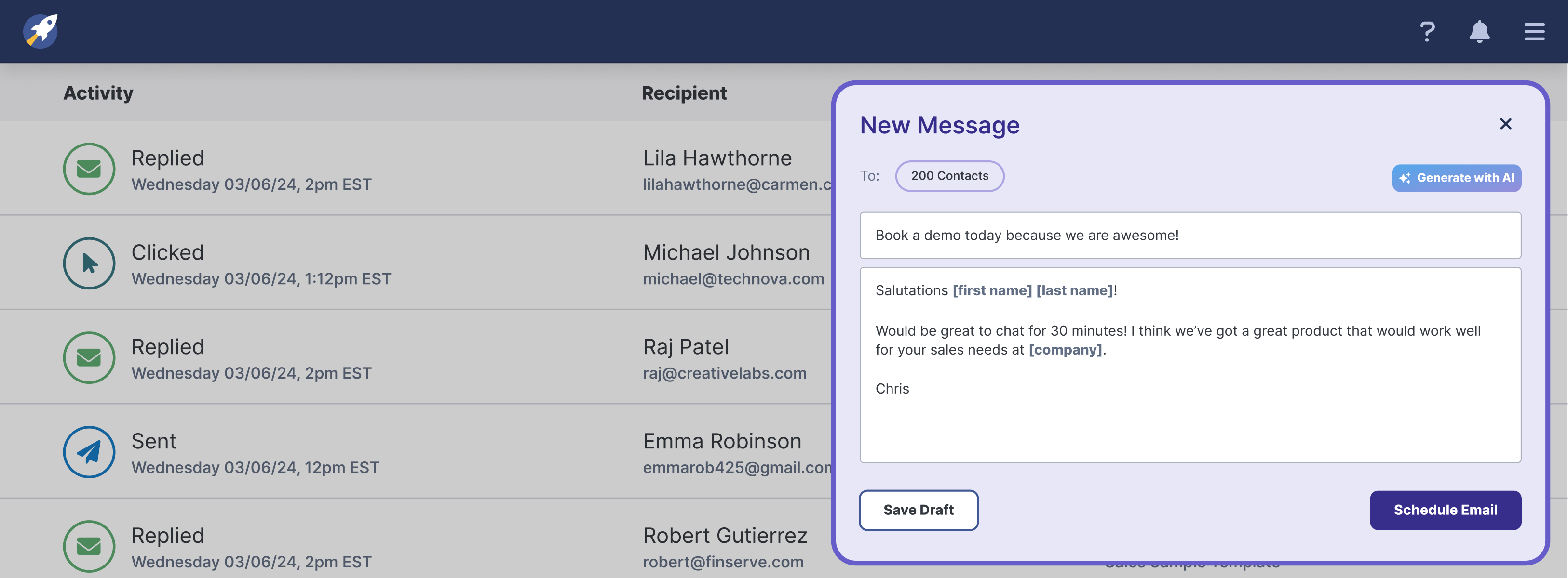 A new message modal and list of emails